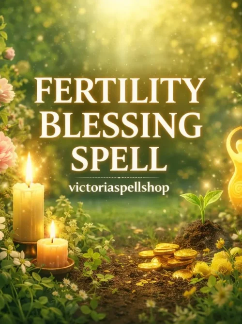 "Golden spiral goddess symbol in a lush green garden with seeds and coins for Fertility Blessing Spell and abundance ritual."