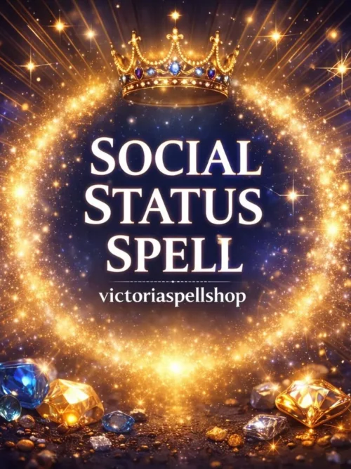 "Golden crown surrounded by glowing sparkles and blue gems for Social Status Spell and aura amplification."
