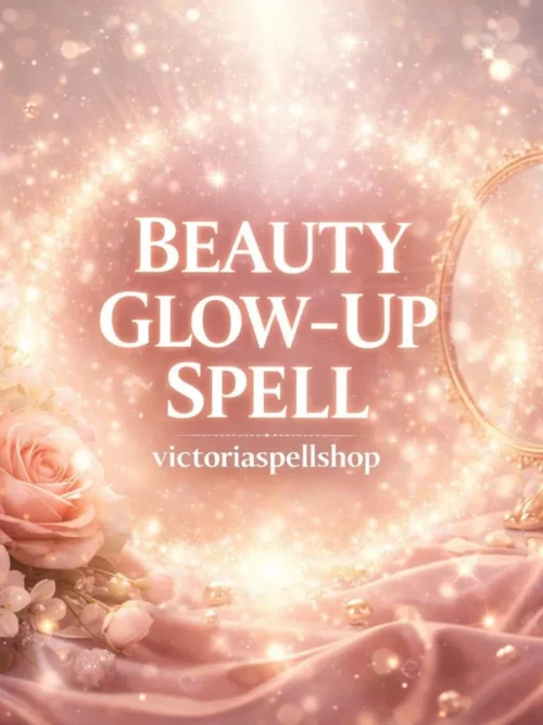 Golden mirror and pink roses surrounded by magical sparkles for Beauty Glow-Up Spell and radiance energy work.
