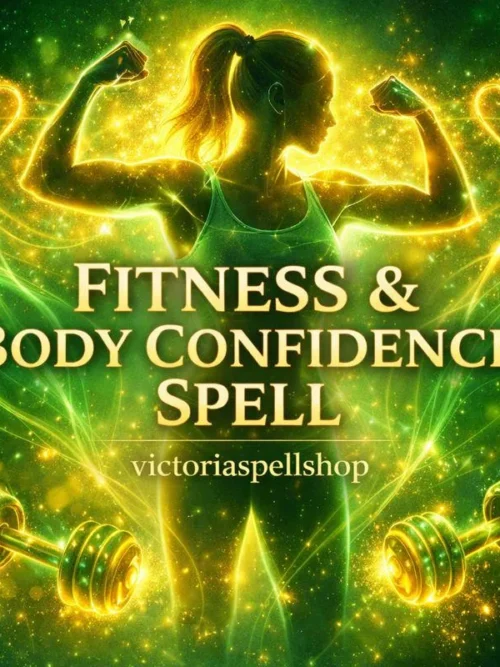 Glowing green energy fitness spell featuring silhouette of woman flexing and golden dumbbells for motivation and body confidence ritual.