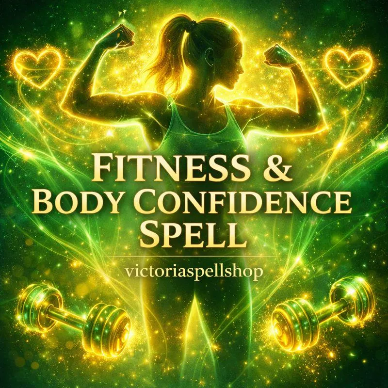 Glowing green energy fitness spell featuring silhouette of woman flexing and golden dumbbells for motivation and body confidence ritual.