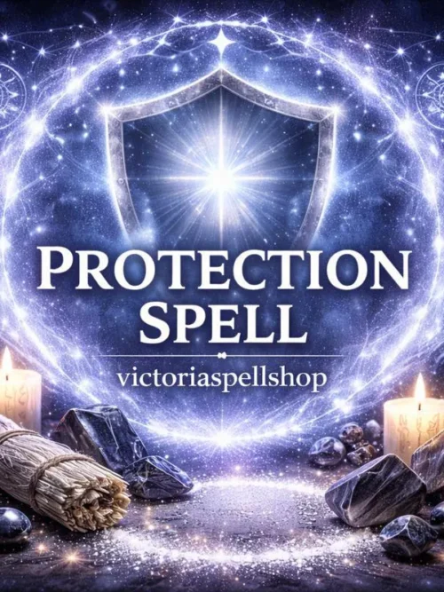 Glowing blue energy shield with black tourmaline crystals and white candles for Protection Spell and spiritual defense ritual.