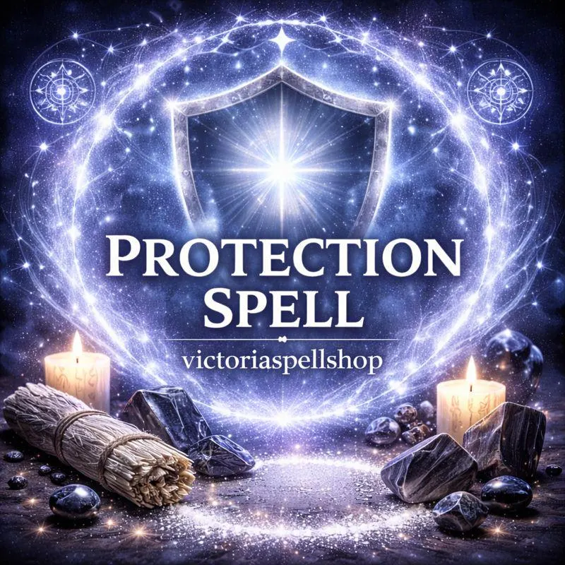 Glowing blue energy shield with black tourmaline crystals and white candles for Protection Spell and spiritual defense ritual.
