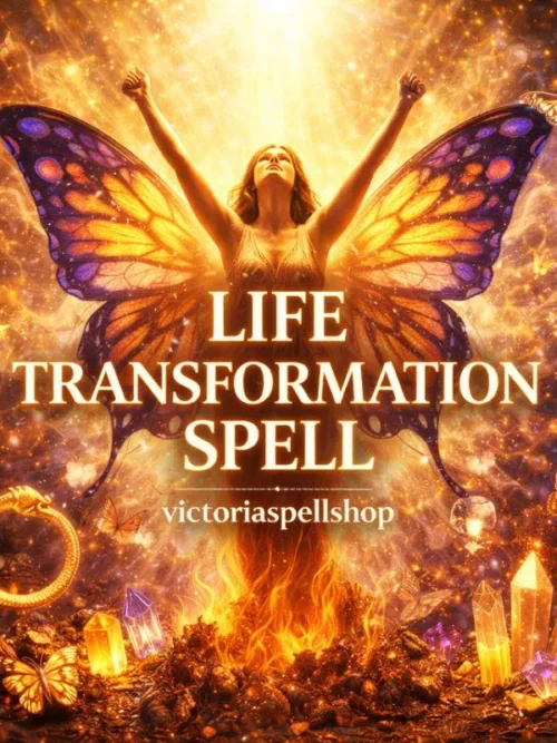 Woman with large butterfly wings rising from golden fire for Life Transformation Spell and fresh start ritual.
