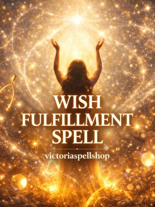 Woman silhouette reaching into golden stardust light with wishbone symbol for Wish Fulfillment Spell and manifestation ritual.