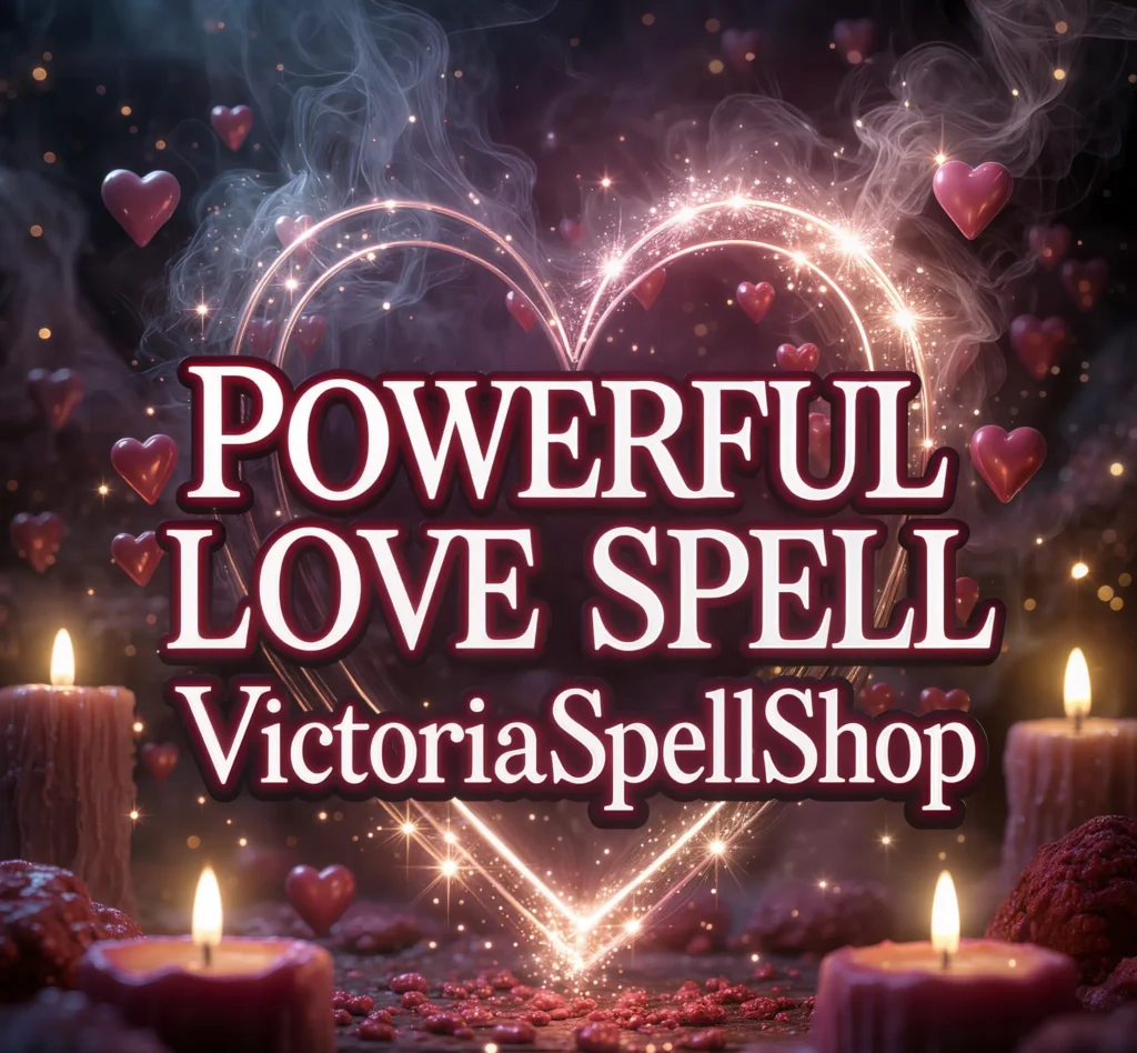 Glowing heart energy symbol with red candles and magical sparkles for Powerful Love Spell and relationship connection ritual.