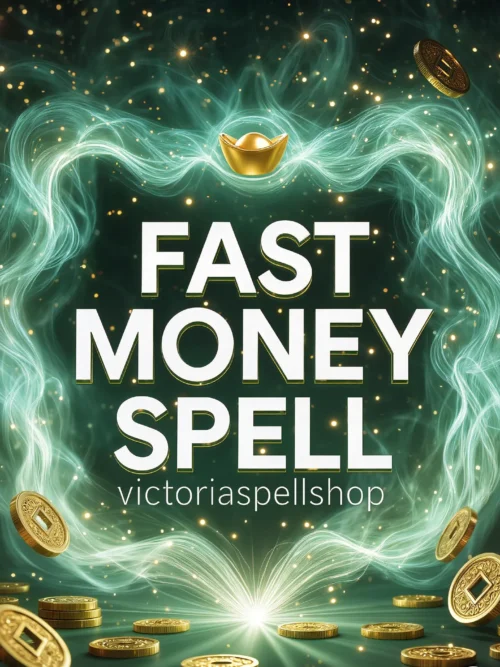 "Golden coins and sycee ingot swirling in green energy for Fast Money Spell and wealth manifestation."
