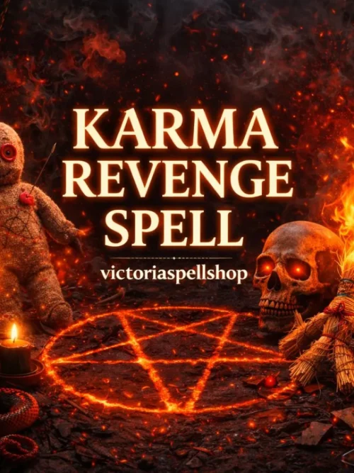 Dark ritual altar with voodoo doll, skull with glowing red eyes, and fiery pentagram for Karmic Revenge Spell and justice magick.