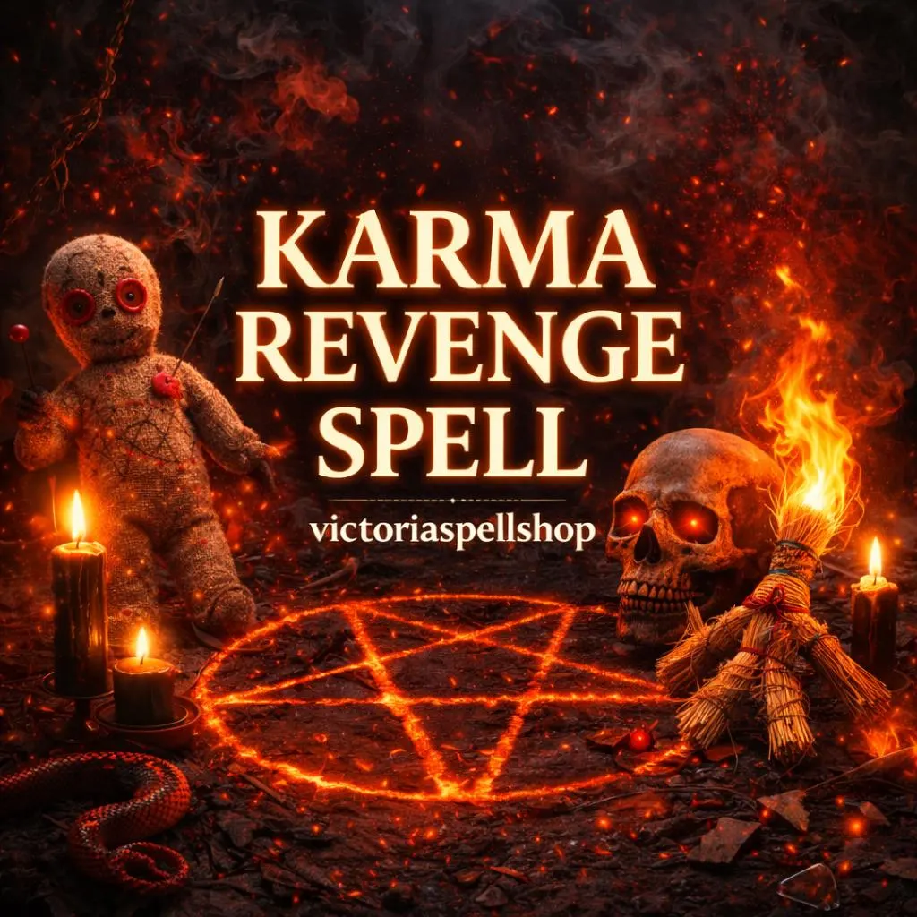 Dark ritual altar with voodoo doll, skull with glowing red eyes, and fiery pentagram for Karmic Revenge Spell and justice magick.