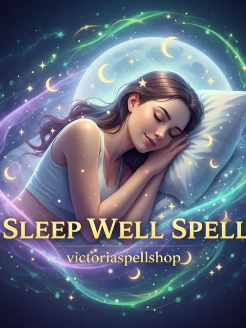 Woman sleeping peacefully on a crescent moon with starry night sky for Sleep Well Spell and insomnia relief ritual.