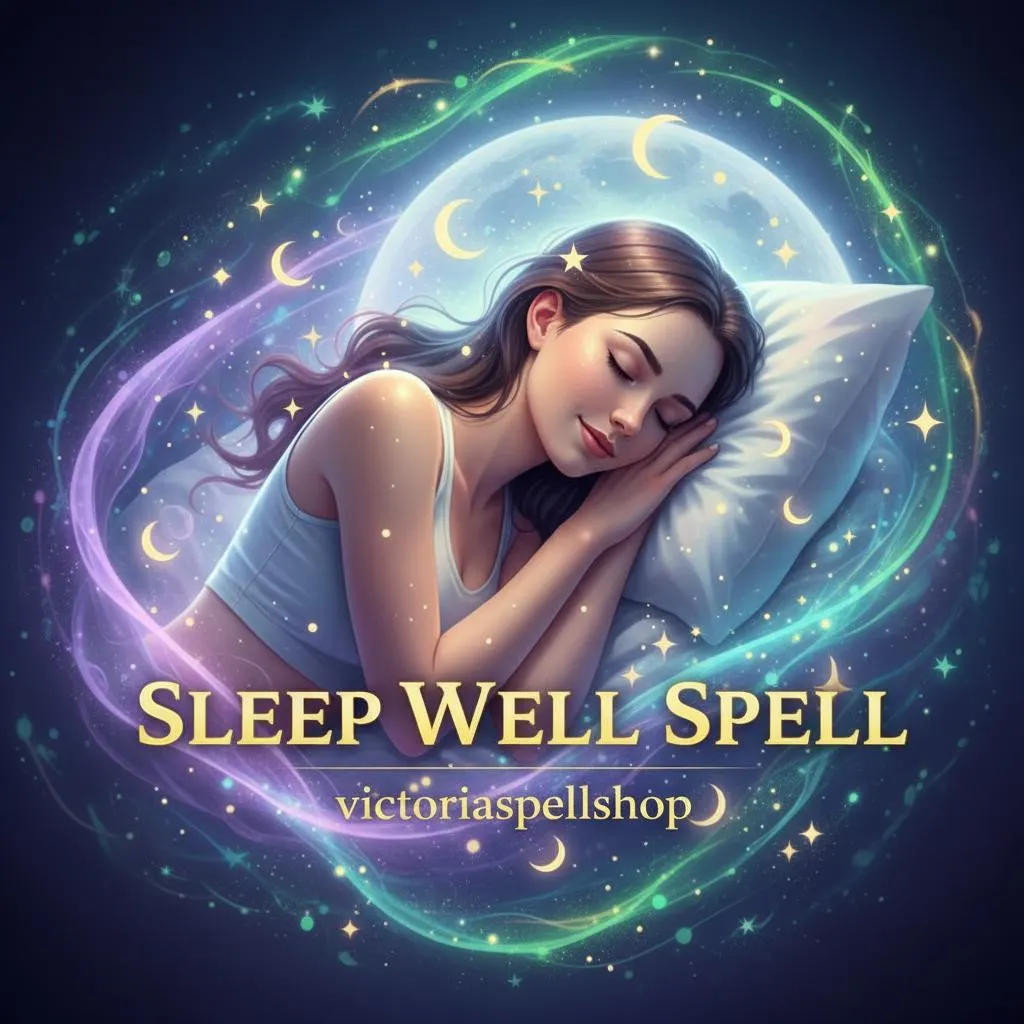 Woman sleeping peacefully on a crescent moon with starry night sky for Sleep Well Spell and insomnia relief ritual.