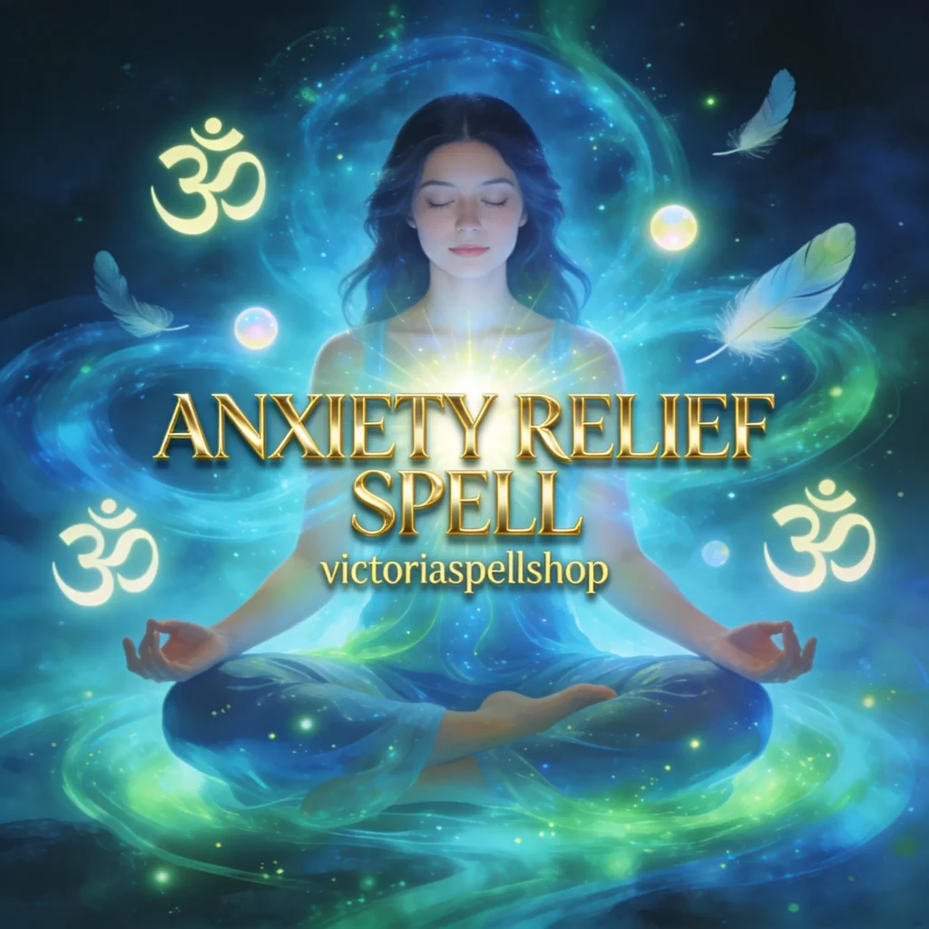 Woman meditating in blue energy light with Om symbols and white feathers for Anxiety Relief Spell and inner peace ritual.