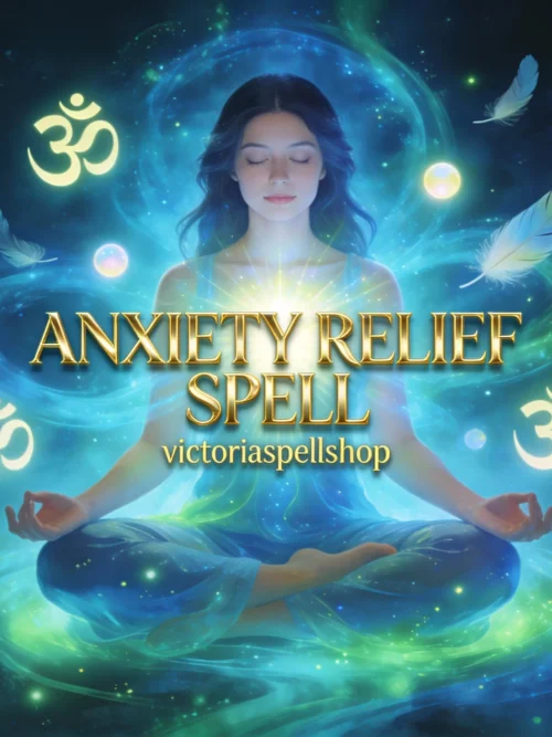 Woman meditating in blue energy light with Om symbols and white feathers for Anxiety Relief Spell and inner peace ritual.