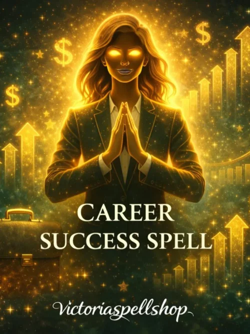 Golden aura business woman with rising profit graphs and briefcase for Career Success Spell and job promotion ritual.